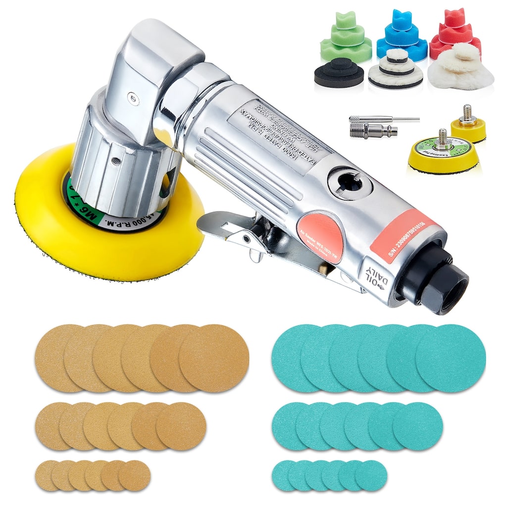 Random Orbital Air Sander for Auto Body Work with Sandpapers, Wool Pad, Wavy Sponges - 15,000 RPM 3 CFM 1/4" NPT