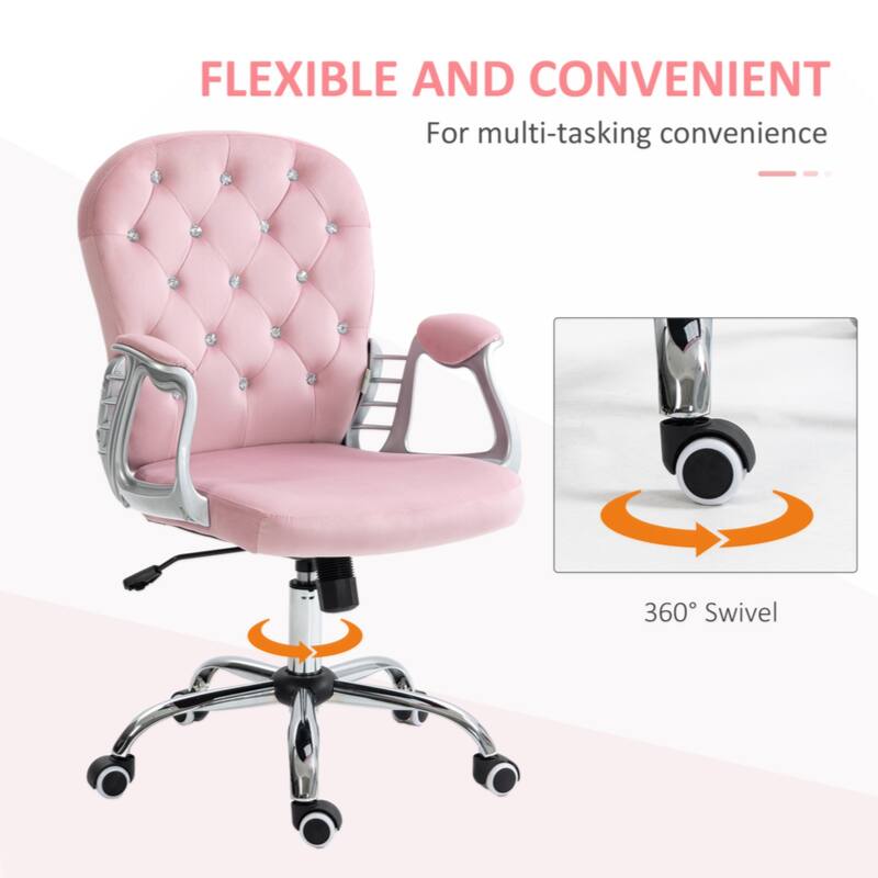 Velvet Home Office Chair, Button Tufted Desk Chair with Padded Armrests, Adjustable Height and Swivel Wheels, Pink