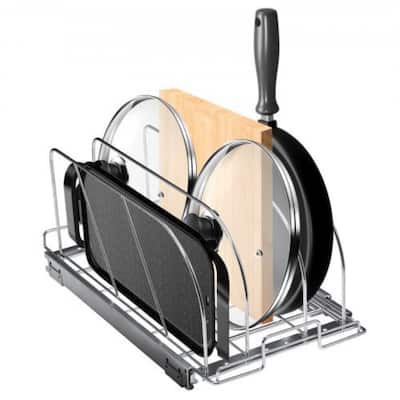 Chrome Plated Carbon Steel Expandable Pan and Pot Rack Tray Organization with 3-Section Ball-Bearing System