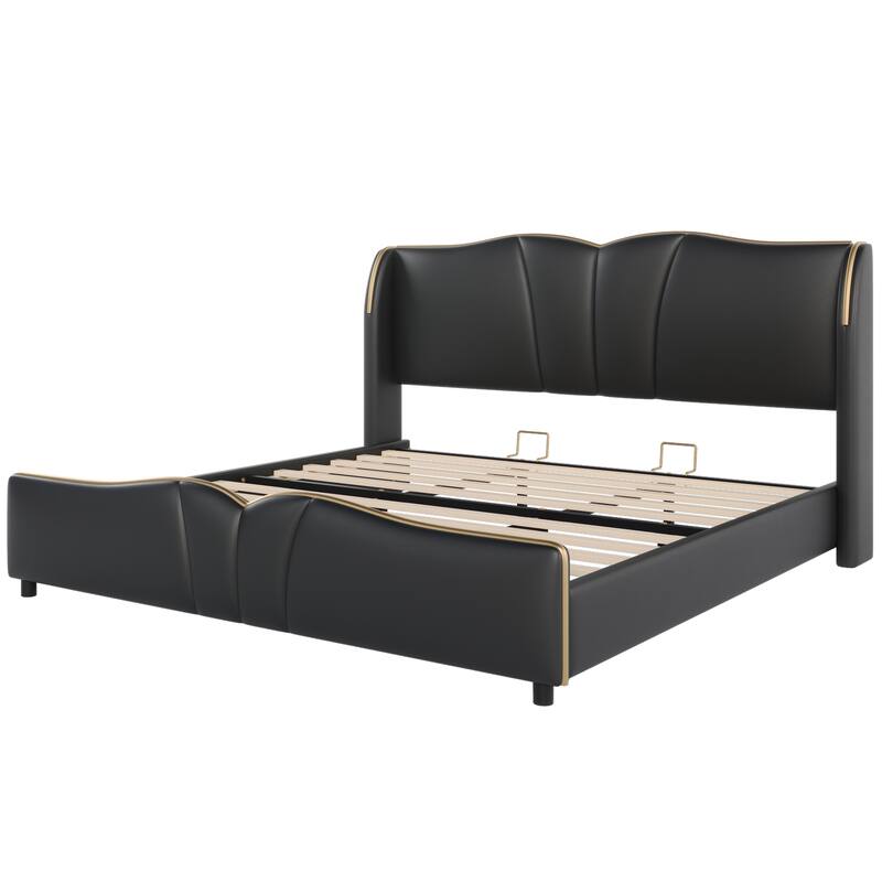 Modern King Size Upholstered Bed Frame with Wingback Headboard & Wavy Footboard, No Box Spring Needed, Black