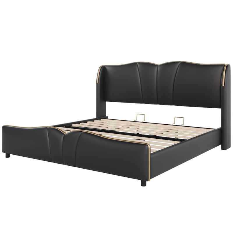 Roomfitters King Size Upholstered Platform Bed Frame with Wingback Headboard, Faux Leather, Wavy Footboard Design