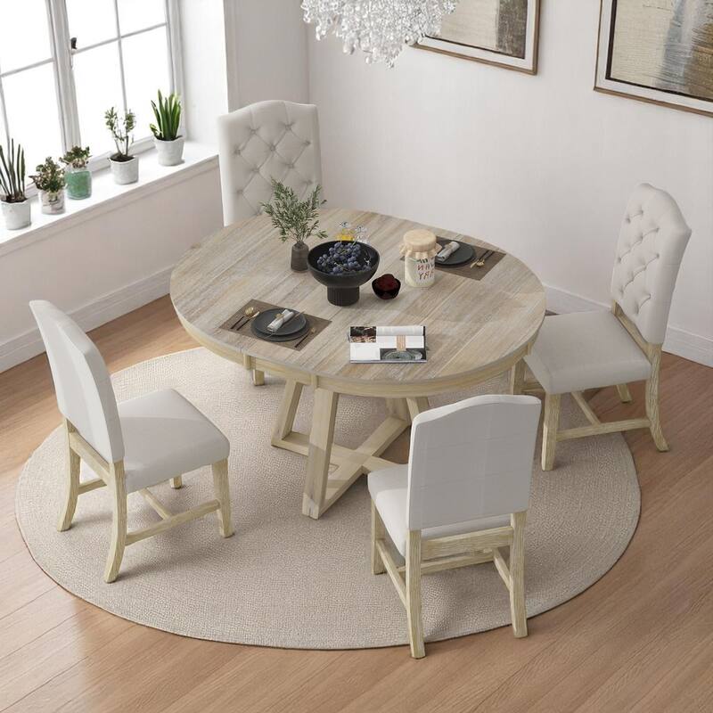 5-Piece Dining Table Set with 4 Upholstered Chairs, 16" Leaf Dining Table, Solid Wood & MDF, for Small Spaces and Dining Rooms