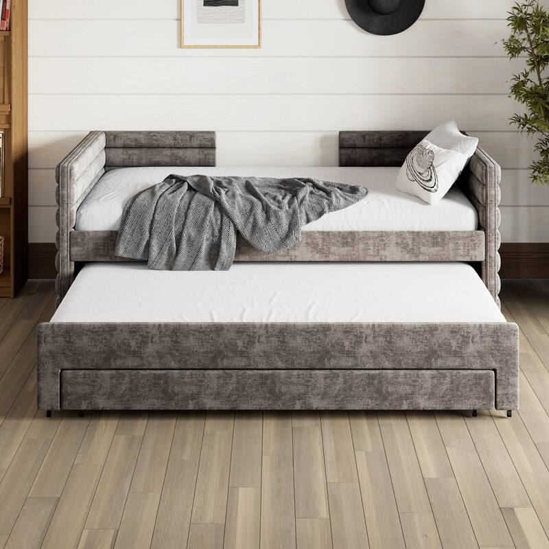 Twin Size Linen Upholstered Daybed with Trundle and 3 Drawers - Grey
