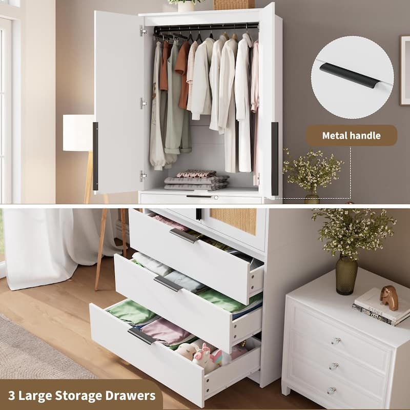 Garvee Rattan Door Armoire Wardrobe Closet, 69.5" Wooden Wardrobe Cabinet with 3 Drawers
