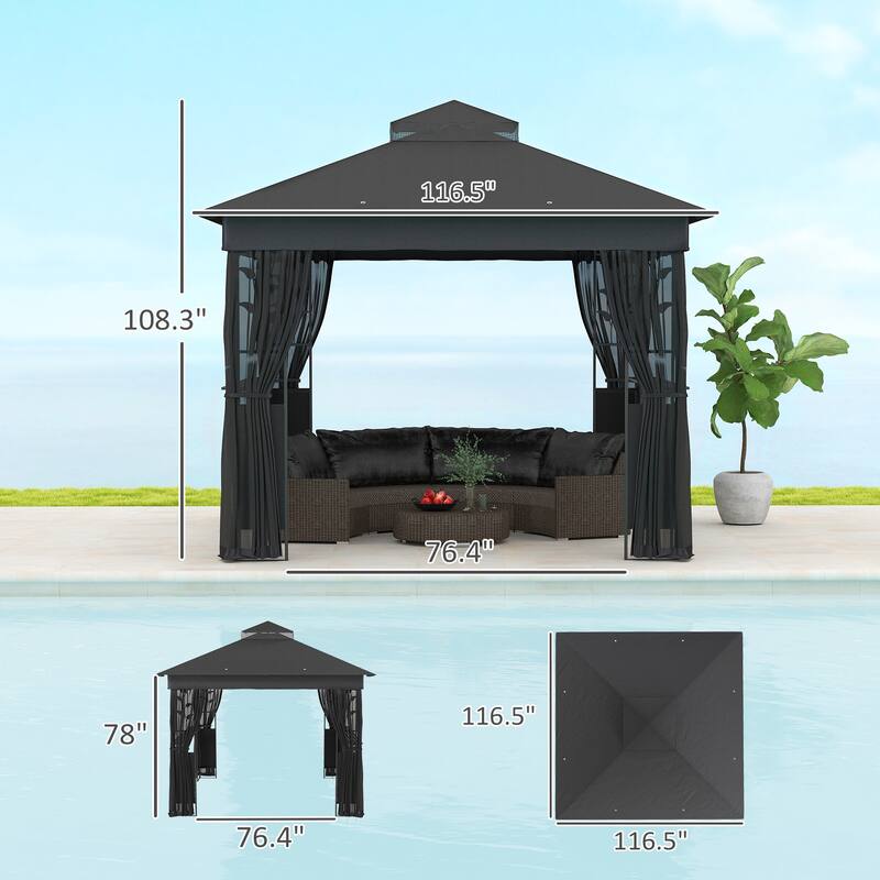 GDFStudio - 9.7'x9.7' Double Roof Patio Gazebo with Bar Shelf & Netting