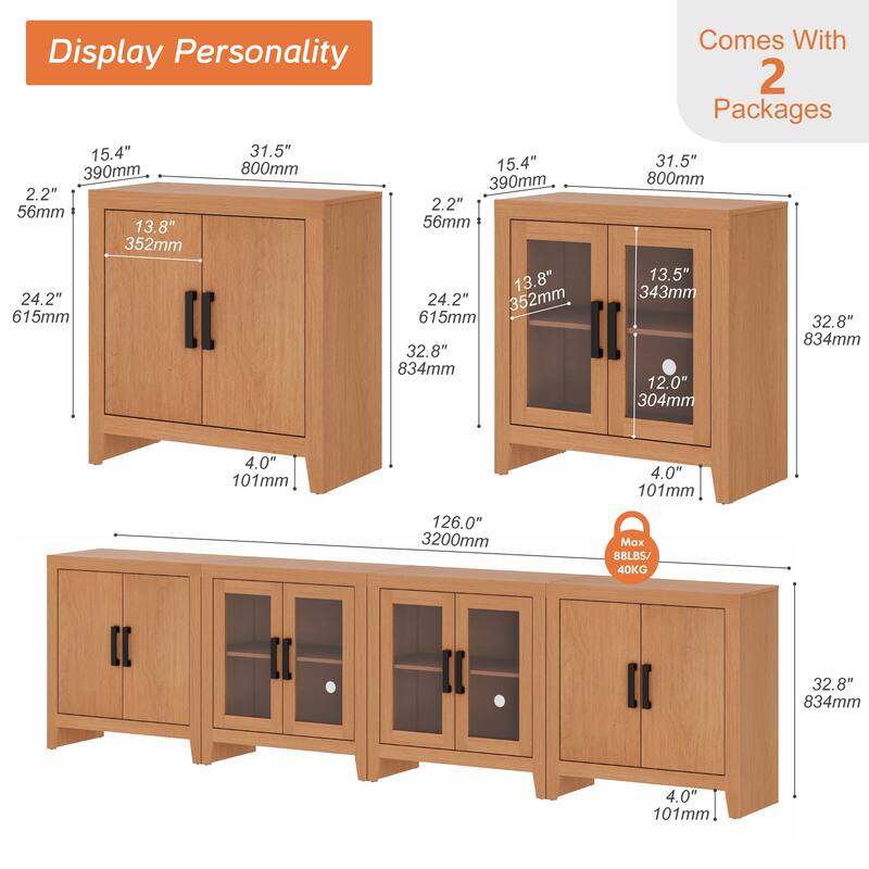 WAMPAT Farmhouse Buffet Cabinet with Glass Doors, 4-Piece Modular Sideboard with Adjustable Shelves
