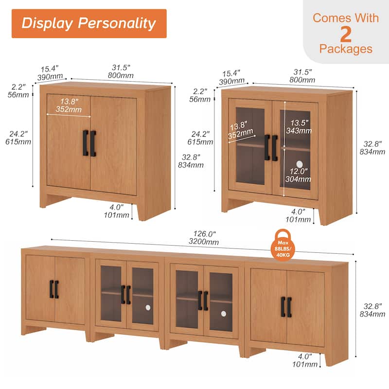 WAMPAT Large Farmhouse TV Stand with Glass Door & Cabinet Storage, Rustic Media Console for up to 110-inch TVs