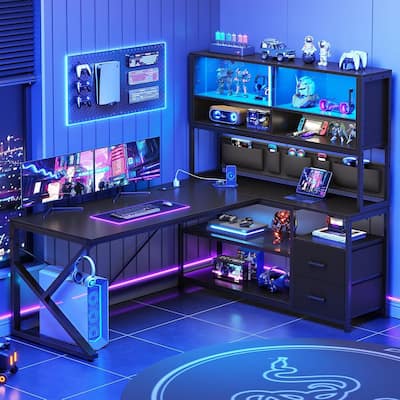 L Shaped Gaming Desk Glass Cabinet 2 Drawer Bookshelf Storage Bag