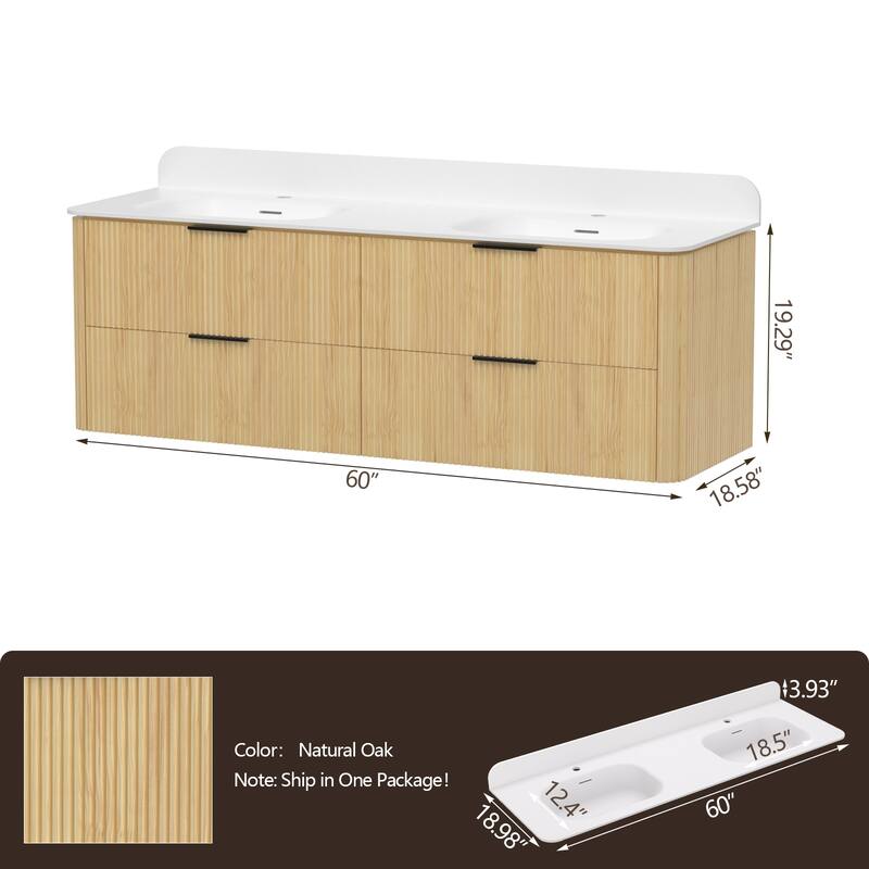 60" Floating Bathroom Vanity with Integrated countertop Rectangulare Sink Solid Wood
