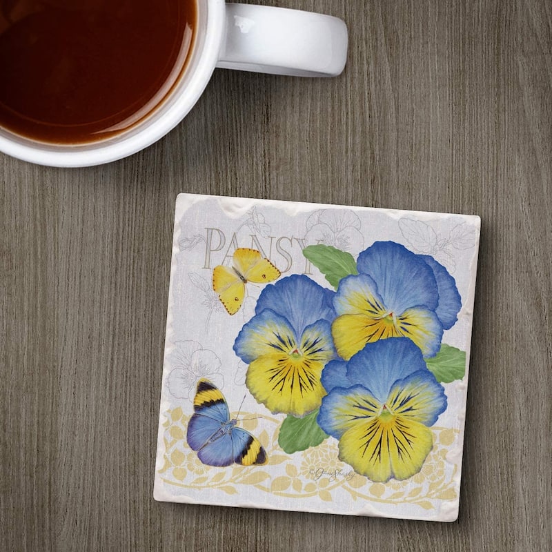 Absorbent Stone Beverage Coasters - Set of 4 - Pansies - Multi-152
