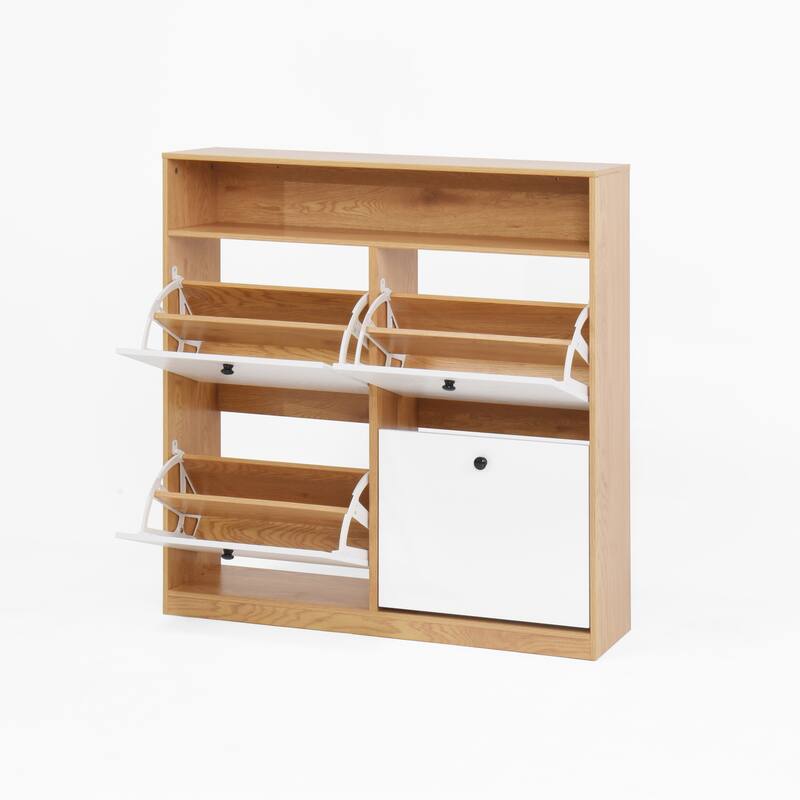 Sleek Shoe Cabinet with 4 Flip Drawers, Wooden Handle, and Anti-Tip Fitting for Narrow Spaces