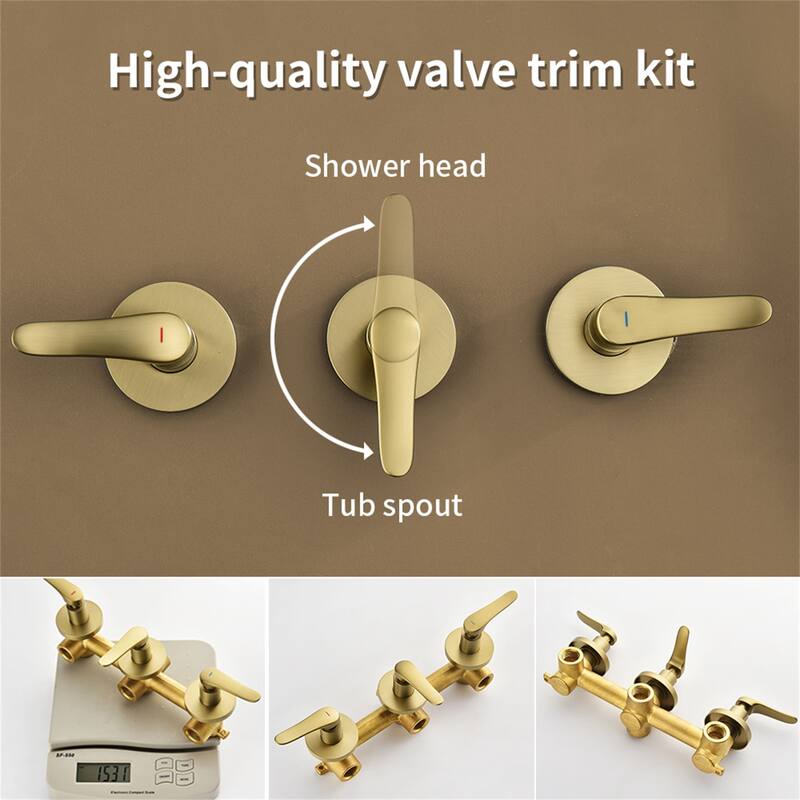 Wall Mounted Shower Faucet with Tub Spout, Complete Brushed Gold Dual Head Tub Shower System Wth Handheld Shower