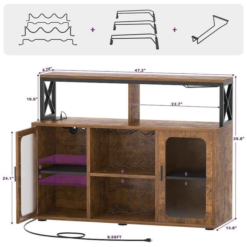 Buffet Sideboard Cabinet Wood Coffee Bar Cabinet with Charging Station and LED lights