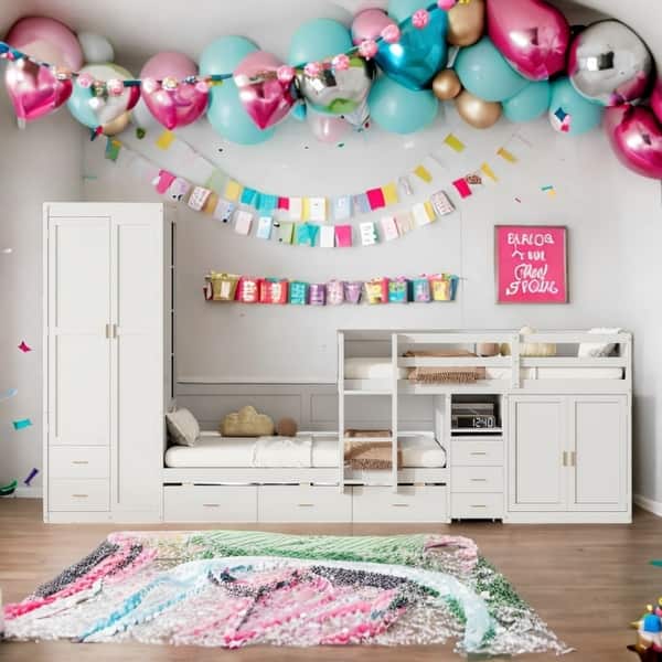 slide 2 of 15, White Twin Size Platform Beds Bunk Bed with Trundle, Wardrobe and Desk White