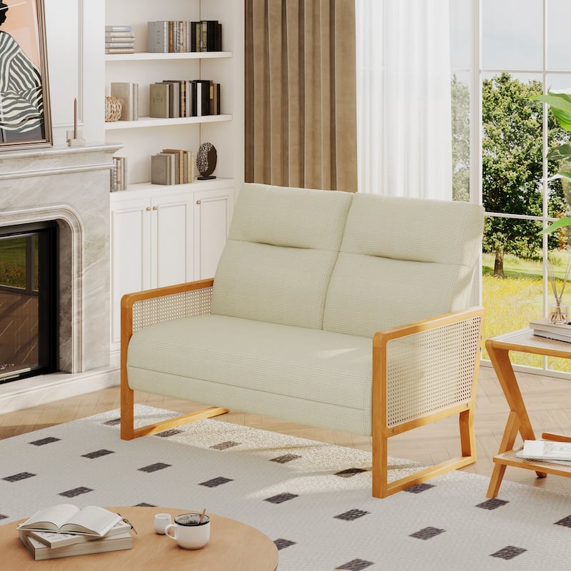 48.1" Modern Upholstered Loveseat Sofa for Small Space with Rattan Arms - Beige