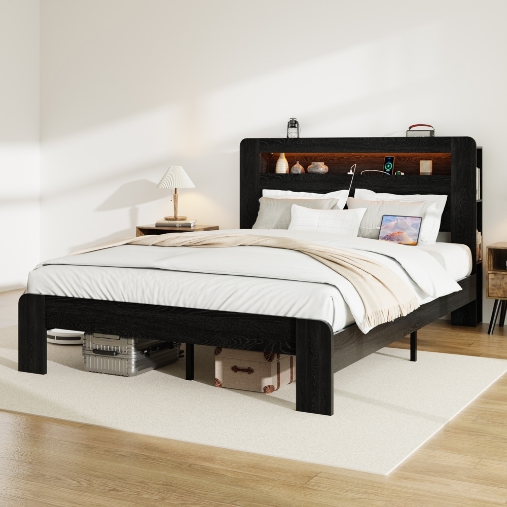Wood Platform Bed Frame with Storage LED Light Headboard and 2 USB