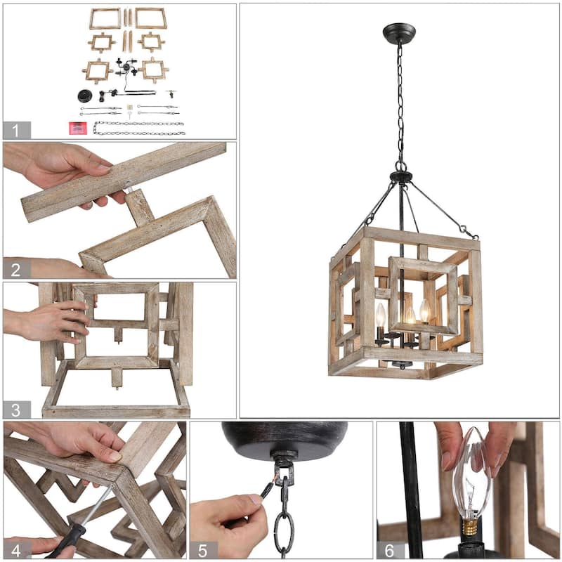 Modern Farmhouse 4-Light Pendant Wood Rustic Square Island Lights - W 13.5" x D 13.5" x H 26"