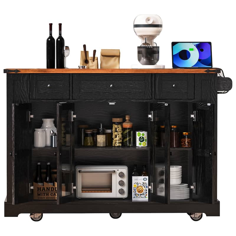 53'' Kitchen Island with Two Tempered Glass Cabinet Doors, Rolling Kitchen Cart on Wheels with Drop Leaf, Power Outlet