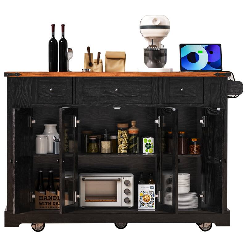 Kitchen Island with Two Tempered Glass Cabinet Doors and Power Outlet, Rolling Storage Cabinet with Drop Leaf, Open Side Racks