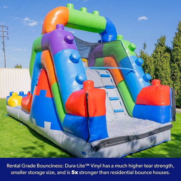 HeroKiddo 12 FT Block Party Dual Lane Backload Inflatable Water Slide with Attached Pool & Air Blower, Commercial Grade, Outdoor
