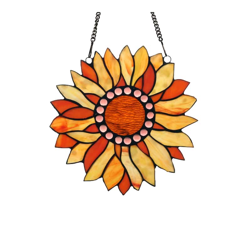 Handcrafted Floral Design Vibrant Multicolor Stained Glass Window Panel - Orange/Yellow