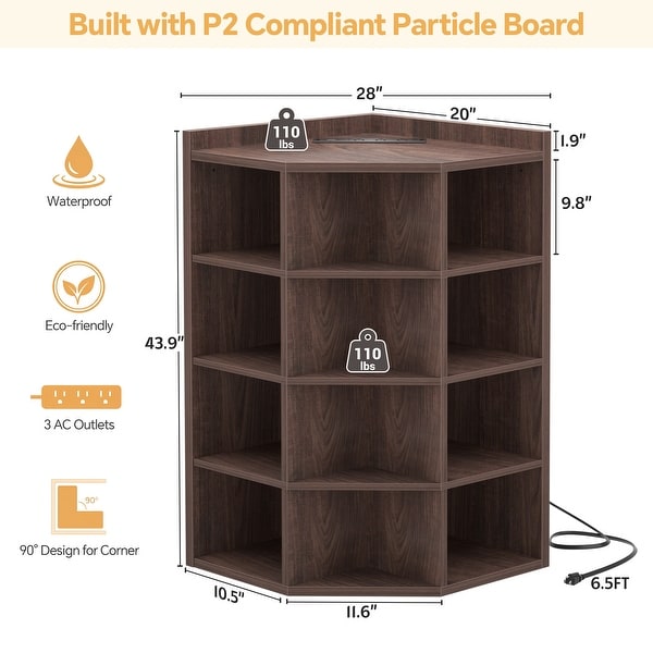 Corner Bookshelf with Charging Station ＆ Open Display Cubbies, L