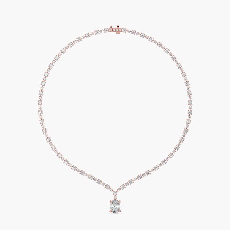 14K Gold Lab Grown Alternating Diamond Lined Oval Drop Necklace