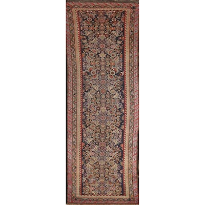 Hand Knotted Oriental 100% Wool Carpet Traditional Floral Navy Blue & Blues Malayer Runner Rug - 12' 8'' X 3' 3''