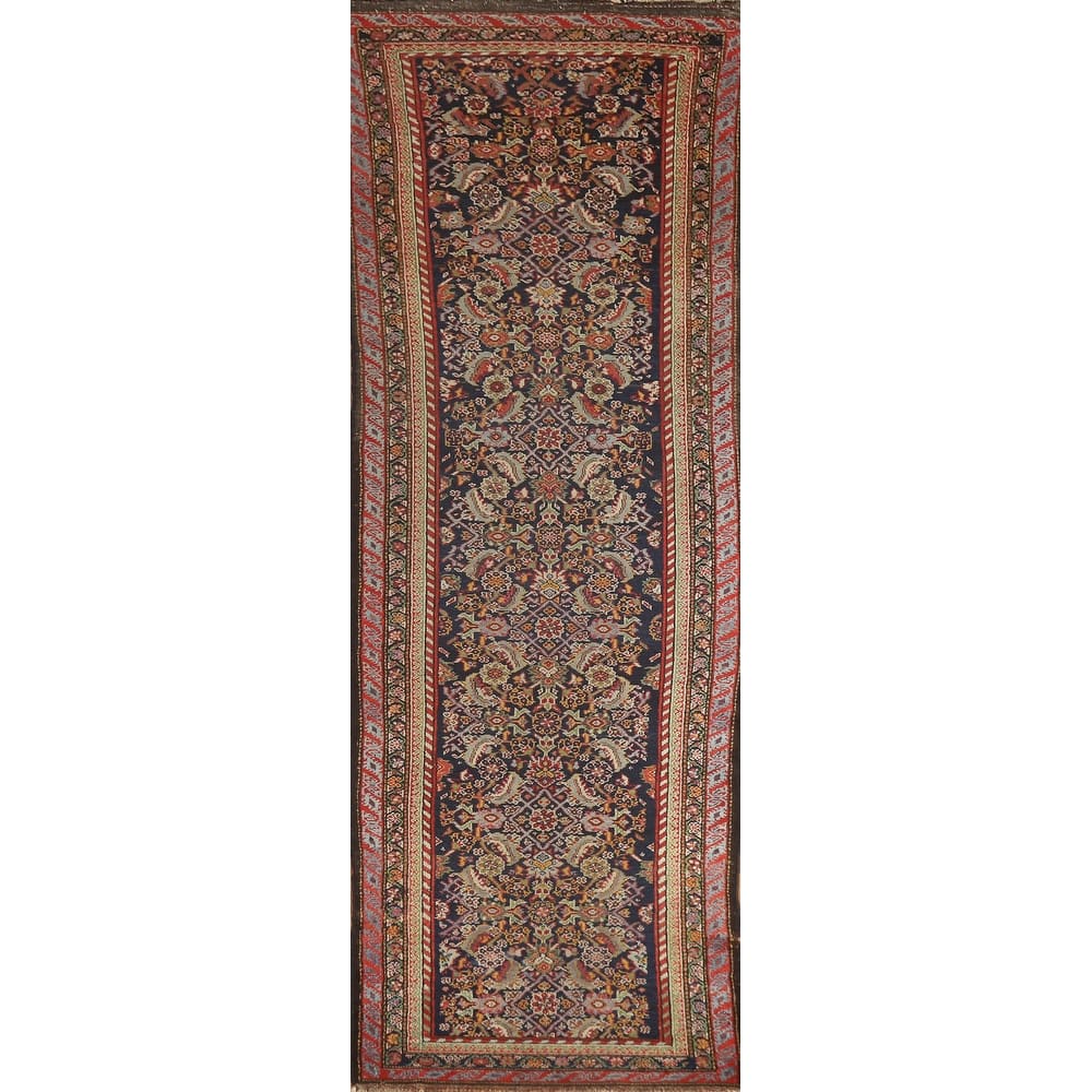 Hand Knotted Oriental 100% Wool Carpet Traditional Floral Navy Blue & Blues Malayer Runner Rug - 12' 8'' X 3' 3''