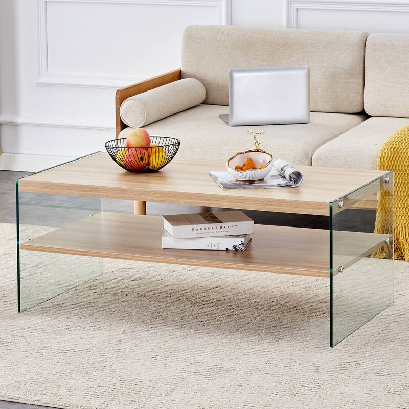 43.3" Modern Rectangular Coffee Table with Tempered Glass Legs and Storage Shelf