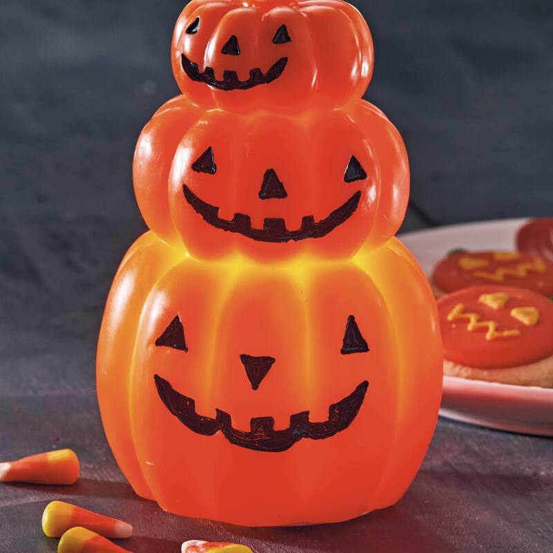 Flameless LED Happy Pumpkin Candle - Sculpted Paraffin Wax Halloween Decor, Indoor Use, 3.8" x 3.8" x 5.5"