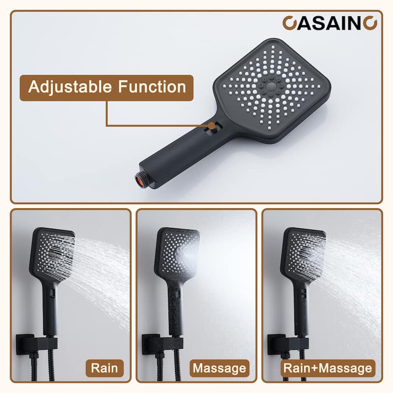 Luxury Thermostatic Shower System 3-Spray Patterns Wall Mount Fixed Shower Head and Handheld Spray with 6 Body Jets - 12" x 12"