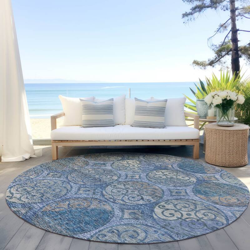 Machine Washable Indoor/ Outdoor Chantille Vintage Medallions Rug - Blue - 8' x 8'