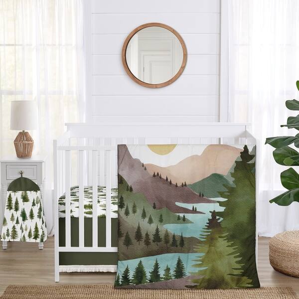 slide 2 of 6, Sweet Jojo Designs Sage Green Woodland Boy Girl Gender Neutral Unisex 4p Nursery Crib Bedding Set Forest Nature Pine Tree Fringe