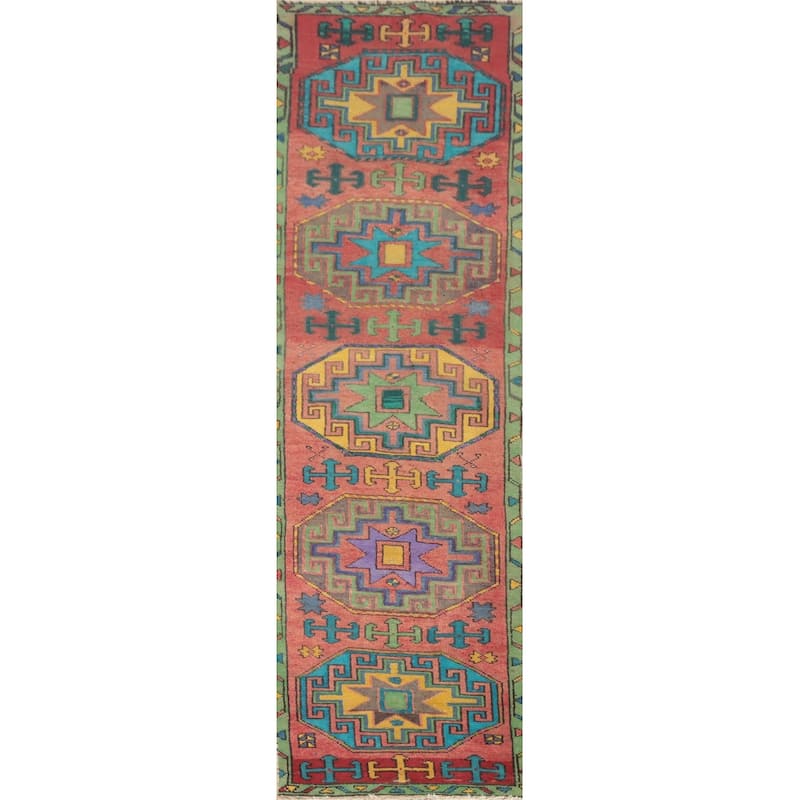 Hand Knotted Oriental 100% Wool Carpet Traditional Geometric Coral Ardebil Runner Rug - 9' 6'' X 2' 2''