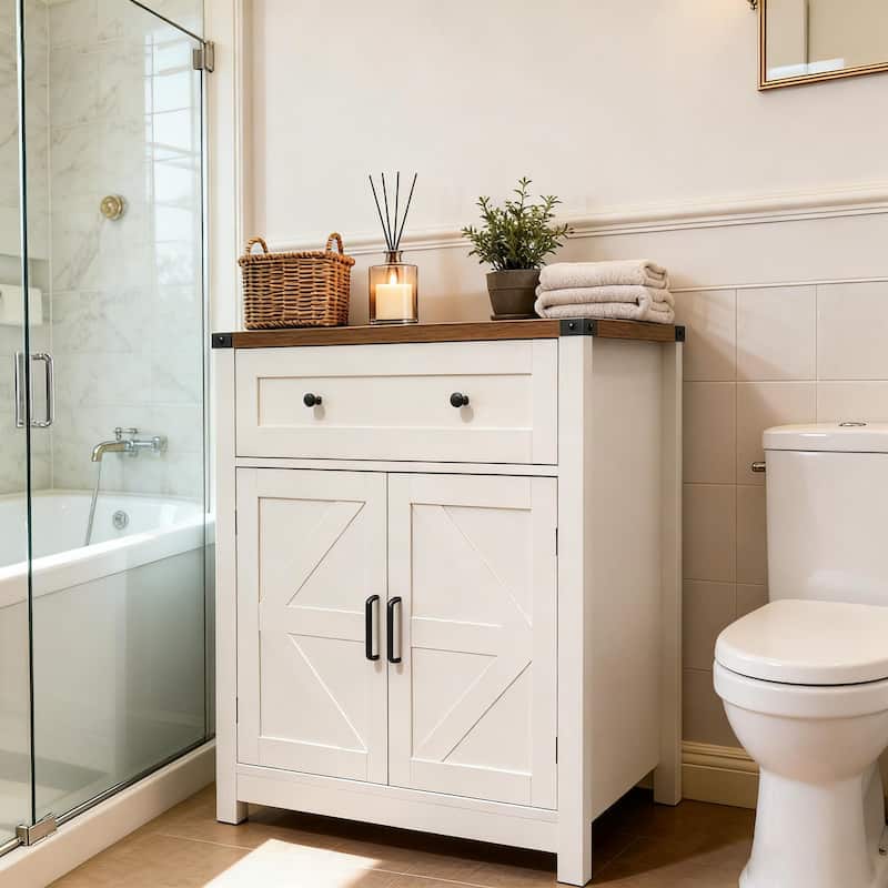 Farmhouse Barn-Door Storage Cabinet, Coffee Bar Buffet Sideboard with Drawer for Kitchen & Living Room