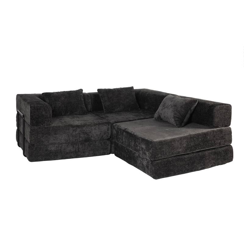 Chenille Fabric Compression Sofa, Boneless Modular Sectional Sofa, Convertible Floor Sofa Bed with Fixed-Shape Frame