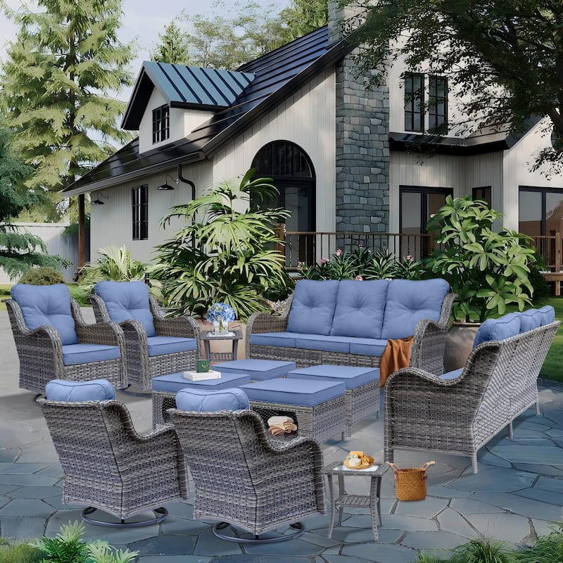 12 Piece Outdoor Wicker Patio Furniture Seating Set with Swivel Chairs - Denim Blue Cushion/Grey Wicker