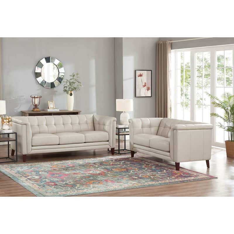 Hydeline Arvo Top Grain Leather Sofa and Loveseat Set with Feather, Memory Foam and Springs - Vanilla White