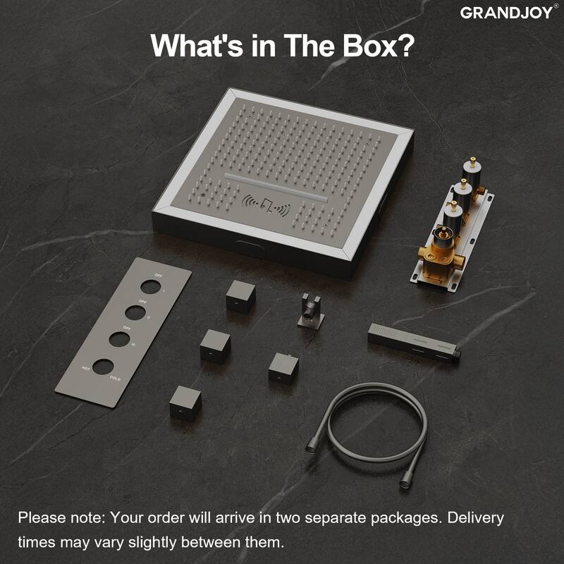 GRANDJOY Thermostatic LED Rain and Waterfall Shower System with Handheld, Built-In Music Function