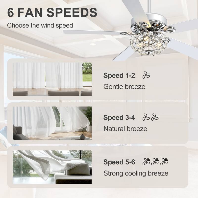 52" Chrome Crystal Ceiling Fan with Lights, Remote Control, Reversible DC Motor, 6-Speed Indoor Ceiling Fan with 5 Silver Blades