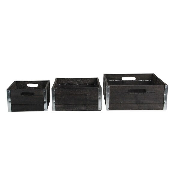 Set of 3 Brown and Silver Solid Rectangular Nesting Wood Crates 11" - N/A