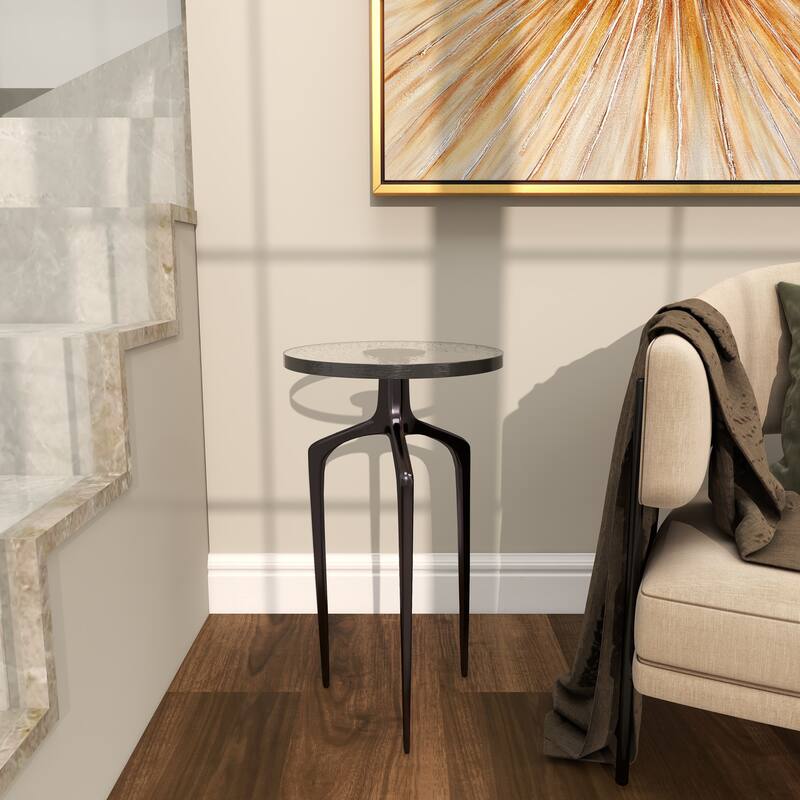 Black Aluminum Metal Accent Table with Textured Glass Tabletop