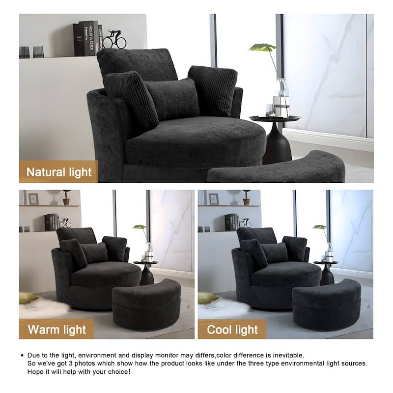 Chenille/Boucle Swivel Barrel Chair with Storage Ottoman