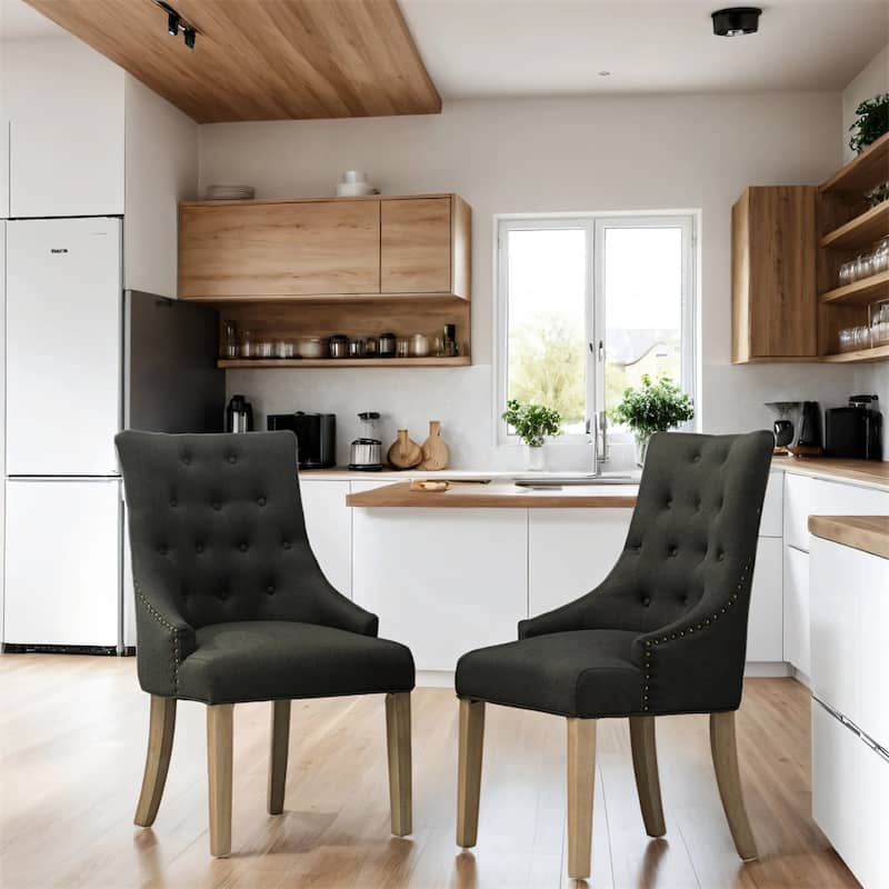 Tufted Wood Dining Chairs with Nail Heads and Legs (Set of 2)