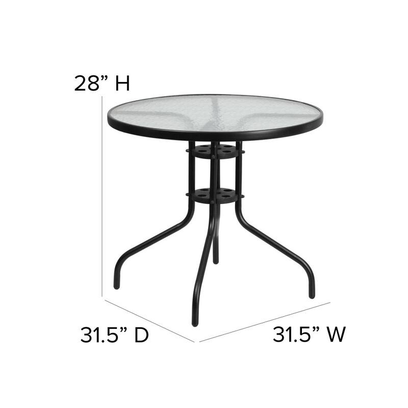 31.5" Round Glass Metal Table with 4 Metal Aluminum Slat Stack Chairs
