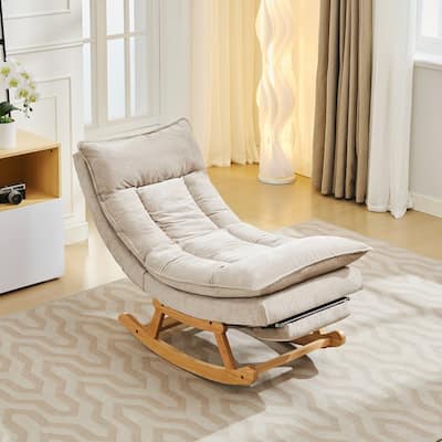 Fabric Upholstered Rocking Chair with Solid Wood Base and Hidden Footrest – Ergonomic Dual-Cushion Design