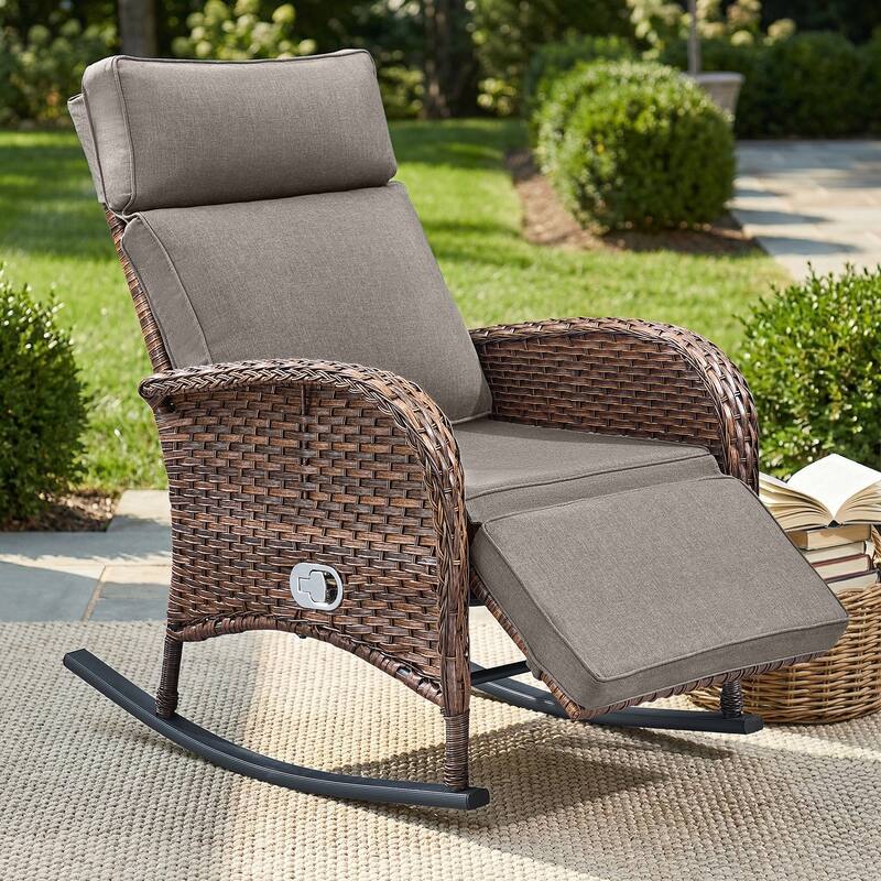 Pocassy Versatile Outdoor Recliner Rocker Chair with Side Table - Brown Wicker with Gray Cushion - 1-Piece Rocker Recliner Chair