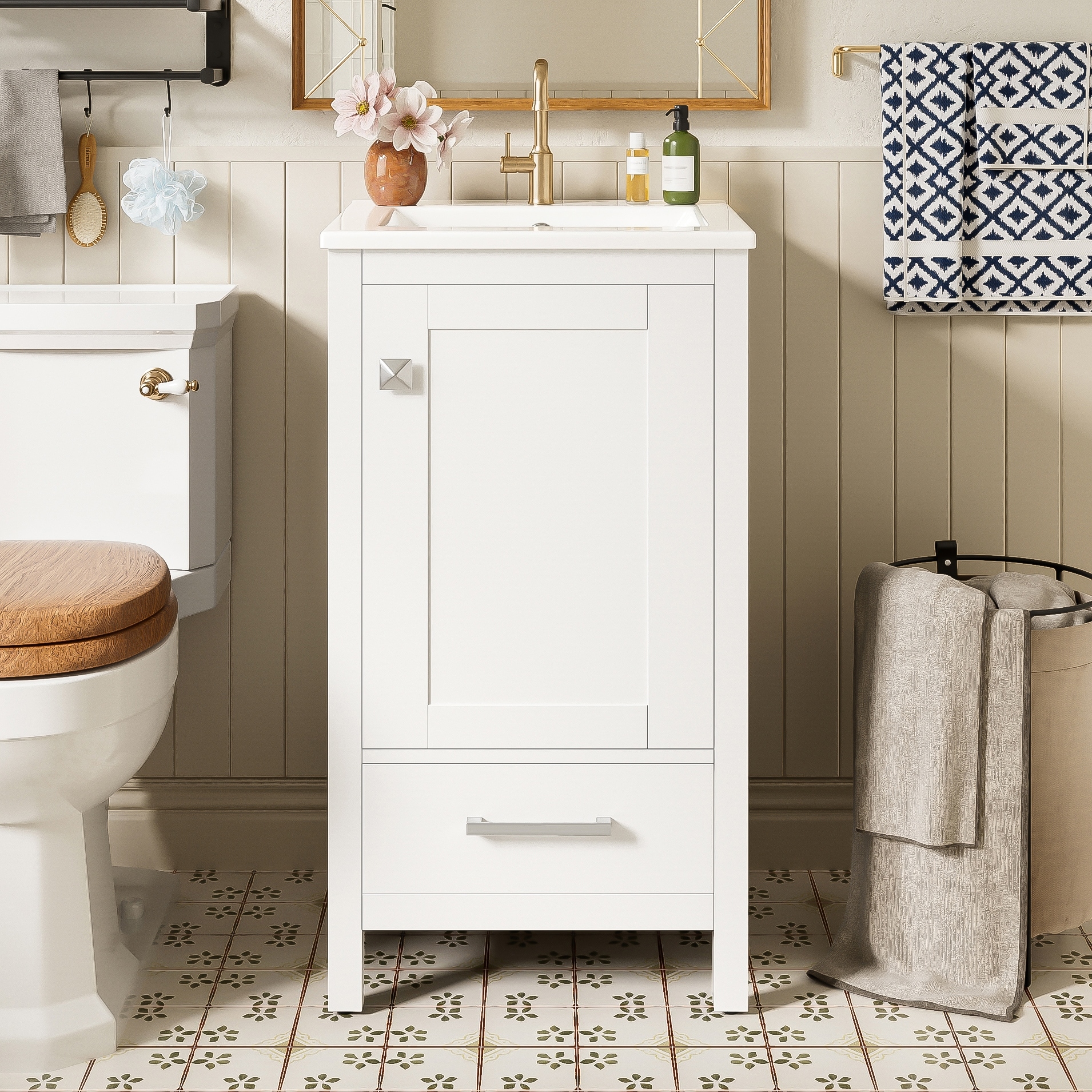 GDFStudio - Aurora Wood Freestanding Bathroom Vanity Set with Ceramic Sink, Soft Close Door and Divided Drawers