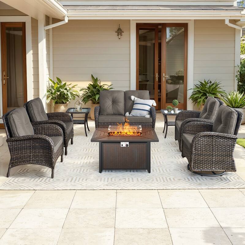 Gymojoy 7-Piece Patio Set with Glider Loveseat, Swivel Chairs & Fire Pit Table for Backyard, Garden - Brown Wicker / Grey Cusion - 8-Piece